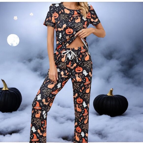 Pumpkin Print Pajama Set, Halloween Short Sleeve Crew Neck Top & Elastic Waist - Picture 1 of 3